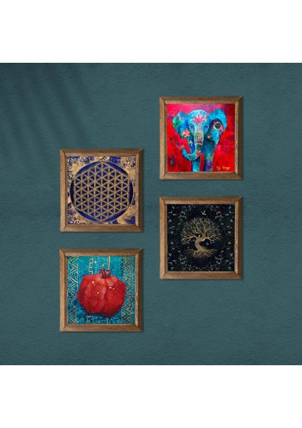 Fil, Yaşam Çiçeği, Hayat Ağacı, Nar Taş Duvar Tablosu Ahşap Çerçeveli Duvar Dekoru 4 Parça Tablo Seti Wall Art W4-852 modelleri