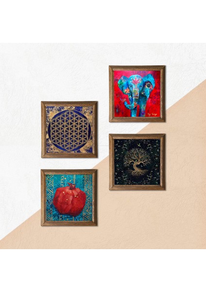 Fil, Yaşam Çiçeği, Hayat Ağacı, Nar Taş Duvar Tablosu Ahşap Çerçeveli Duvar Dekoru 4 Parça Tablo Seti Wall Art W4-852 indirimleri