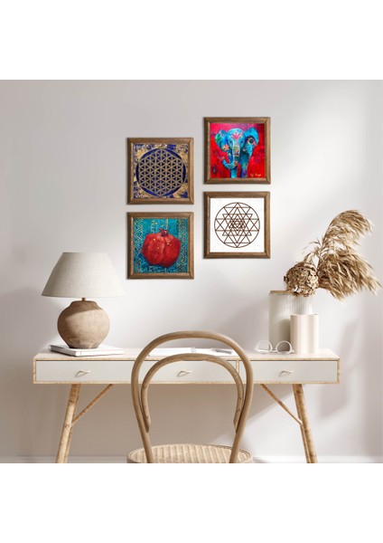 Fil, Sri Yantra, Yaşam Çiçeği, Nar Taş Duvar Tablosu Ahşap Çerçeveli Duvar Dekoru 4 Parça Tablo Seti Wall Art W4-853