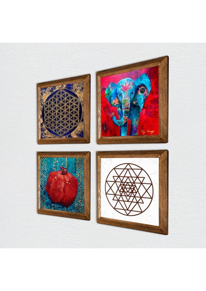 Fil, Sri Yantra, Yaşam Çiçeği, Nar Taş Duvar Tablosu Ahşap Çerçeveli Duvar Dekoru 4 Parça Tablo Seti Wall Art W4-853 fiyatları