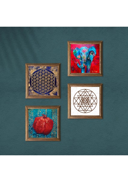 Fil, Sri Yantra, Yaşam Çiçeği, Nar Taş Duvar Tablosu Ahşap Çerçeveli Duvar Dekoru 4 Parça Tablo Seti Wall Art W4-853 modelleri