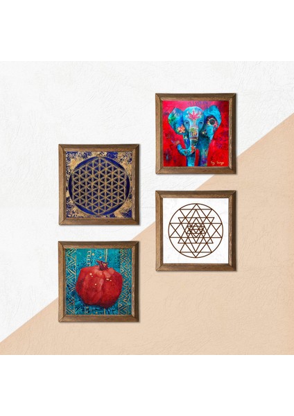 Fil, Sri Yantra, Yaşam Çiçeği, Nar Taş Duvar Tablosu Ahşap Çerçeveli Duvar Dekoru 4 Parça Tablo Seti Wall Art W4-853 indirimleri
