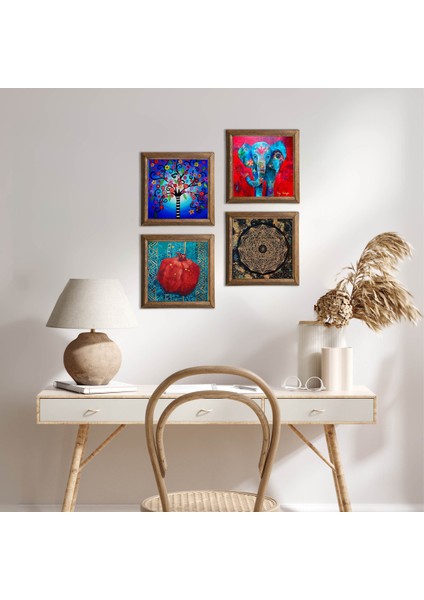 Fil, Sri Yantra, Hayat Ağacı, Nar Taş Duvar Tablosu Ahşap Çerçeveli Duvar Dekoru 4 Parça Tablo Seti Wall Art W4-864