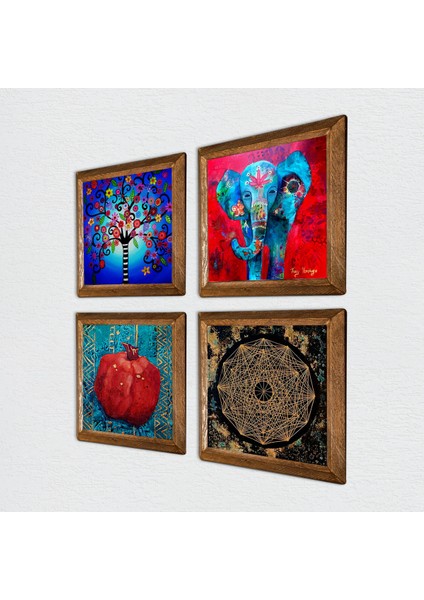 Fil, Sri Yantra, Hayat Ağacı, Nar Taş Duvar Tablosu Ahşap Çerçeveli Duvar Dekoru 4 Parça Tablo Seti Wall Art W4-864