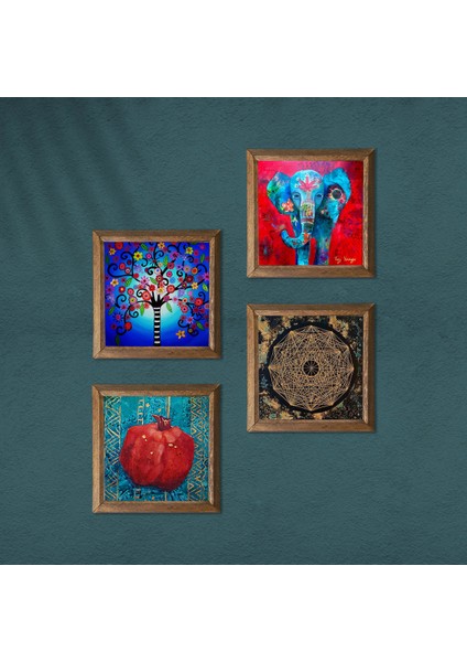 Fil, Sri Yantra, Hayat Ağacı, Nar Taş Duvar Tablosu Ahşap Çerçeveli Duvar Dekoru 4 Parça Tablo Seti Wall Art W4-864