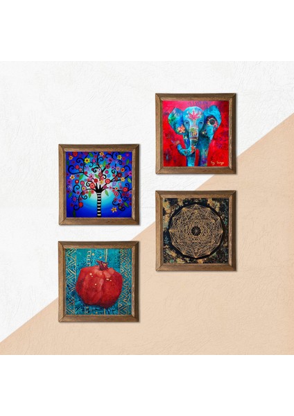Fil, Sri Yantra, Hayat Ağacı, Nar Taş Duvar Tablosu Ahşap Çerçeveli Duvar Dekoru 4 Parça Tablo Seti Wall Art W4-864