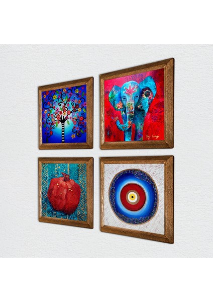 Nazar, Fil, Hayat Ağacı, Nar Taş Duvar Tablosu Ahşap Çerçeveli Duvar Dekoru 4 Parça Tablo Seti Wall Art W4-871