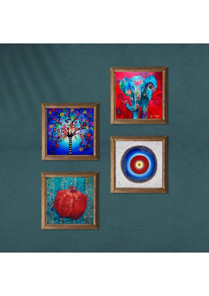 Nazar, Fil, Hayat Ağacı, Nar Taş Duvar Tablosu Ahşap Çerçeveli Duvar Dekoru 4 Parça Tablo Seti Wall Art W4-871