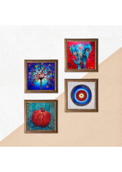 Nazar, Fil, Hayat Ağacı, Nar Taş Duvar Tablosu Ahşap Çerçeveli Duvar Dekoru 4 Parça Tablo Seti Wall Art W4-871