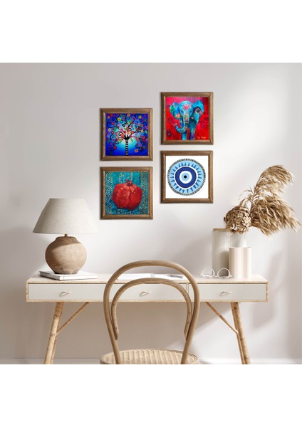 Nazar, Fil, Hayat Ağacı, Nar Ahşap Çerçeveli Taş Duvar Tablosu 4’lü Set – 25x25 cm Dekoratif Modern Sanat – Ev ve Ofis Dekoru |W4-872|