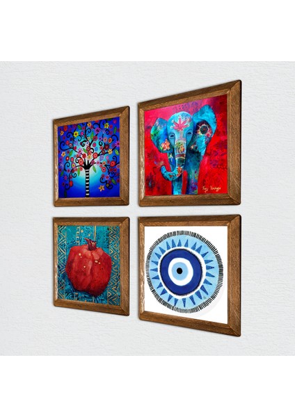 Nazar, Fil, Hayat Ağacı, Nar Ahşap Çerçeveli Taş Duvar Tablosu 4’lü Set – 25x25 cm Dekoratif Modern Sanat – Ev ve Ofis Dekoru |W4-872| fiyatları