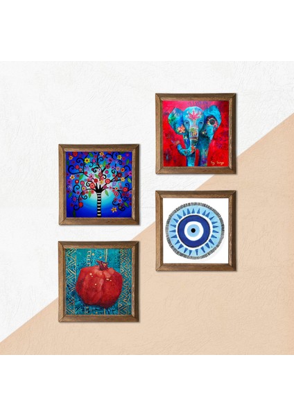 Nazar, Fil, Hayat Ağacı, Nar Ahşap Çerçeveli Taş Duvar Tablosu 4’lü Set – 25x25 cm Dekoratif Modern Sanat – Ev ve Ofis Dekoru |W4-872| indirimleri