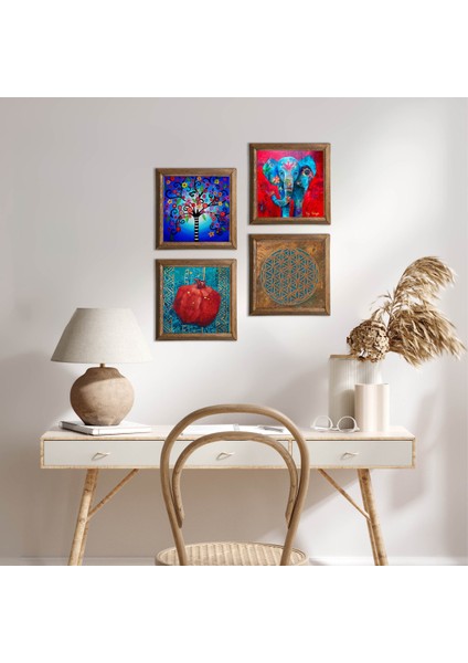 Yaşam Çiçeği, Fil, Hayat Ağacı, Nar Taş Duvar Tablosu Ahşap Çerçeveli Duvar Dekoru 4 Parça Tablo Seti Wall Art W4-873