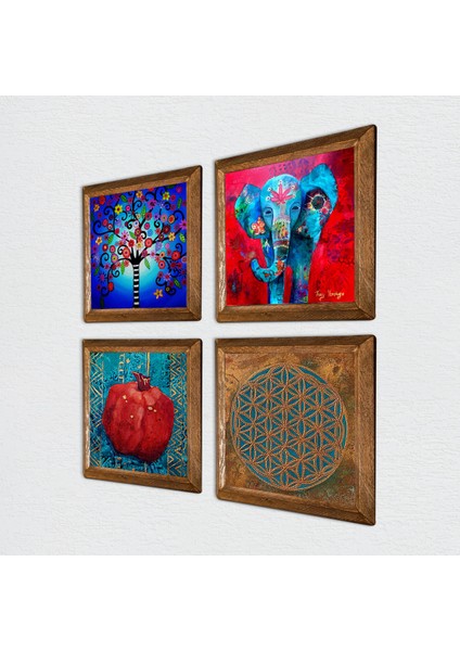 Yaşam Çiçeği, Fil, Hayat Ağacı, Nar Taş Duvar Tablosu Ahşap Çerçeveli Duvar Dekoru 4 Parça Tablo Seti Wall Art W4-873 fiyatları