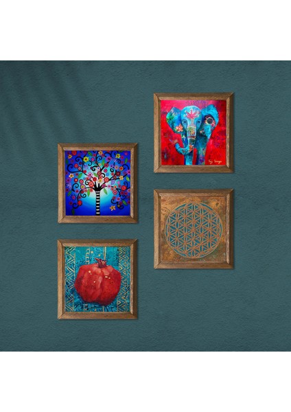 Yaşam Çiçeği, Fil, Hayat Ağacı, Nar Taş Duvar Tablosu Ahşap Çerçeveli Duvar Dekoru 4 Parça Tablo Seti Wall Art W4-873 modelleri