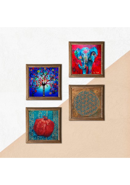 Yaşam Çiçeği, Fil, Hayat Ağacı, Nar Taş Duvar Tablosu Ahşap Çerçeveli Duvar Dekoru 4 Parça Tablo Seti Wall Art W4-873 indirimleri