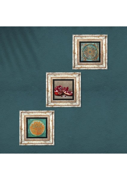 Lotus Çiçeği, Yaşam Çiçeği, Nar Çerçeveli Taş Duvar Tablosu 3’lü Set - Dekoratif Modern Sanat, Ev ve Ofis Dekoru |TK3-1651| fırsatları