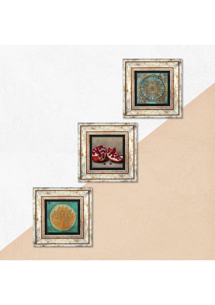 Lotus Çiçeği, Yaşam Çiçeği, Nar Çerçeveli Taş Duvar Tablosu 3’lü Set - Dekoratif Modern Sanat, Ev ve Ofis Dekoru |TK3-1651| indirimleri
