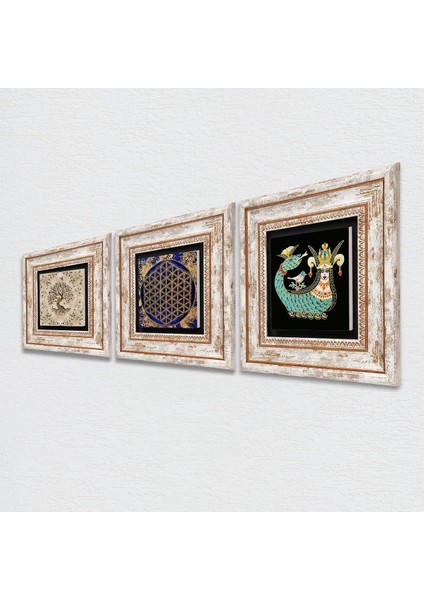 Yaşam Çiçeği, Şahmeran, Hayat Ağacı Taş Duvar Tablosu Çerçeveli Duvar Dekoru 3 Parça Tablo Seti Wall Art T3-167