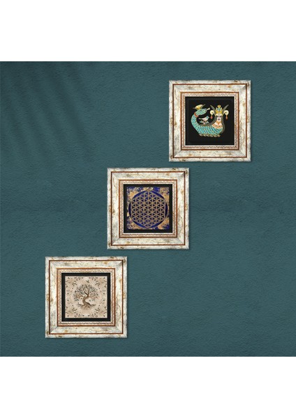 Yaşam Çiçeği, Şahmeran, Hayat Ağacı Taş Duvar Tablosu Çerçeveli Duvar Dekoru 3 Parça Tablo Seti Wall Art T3-167