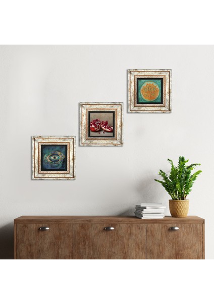 Nazar, Lotus Çiçeği, Nar Çerçeveli Taş Duvar Tablosu 3’lü Set - Dekoratif Modern Sanat, Ev ve Ofis Dekoru |TK3-1671|