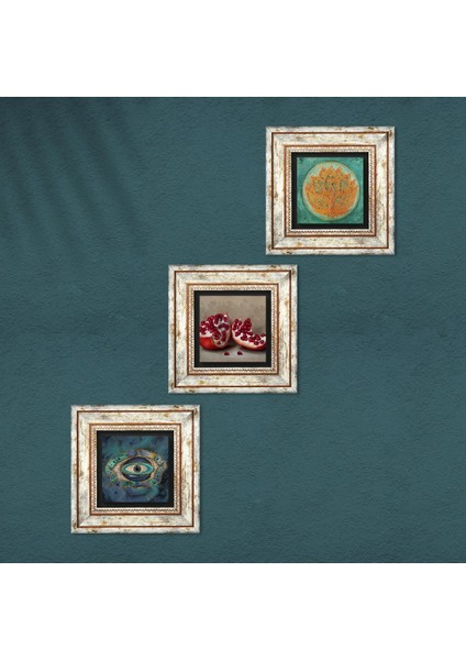 Nazar, Lotus Çiçeği, Nar Çerçeveli Taş Duvar Tablosu 3’lü Set - Dekoratif Modern Sanat, Ev ve Ofis Dekoru |TK3-1671| fırsatları