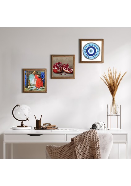 Nazar, Kaplumbağa Terbiyecisi, Nar Taş Duvar Tablosu Ahşap Çerçeveli Duvar Dekoru 3 Parça Tablo Seti Wall Art W3-1566