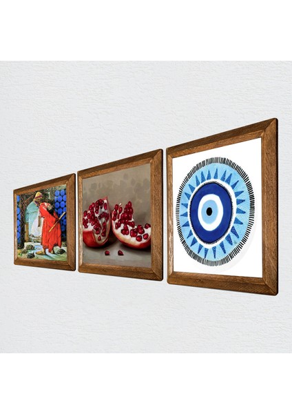 Nazar, Kaplumbağa Terbiyecisi, Nar Taş Duvar Tablosu Ahşap Çerçeveli Duvar Dekoru 3 Parça Tablo Seti Wall Art W3-1566 fiyatları