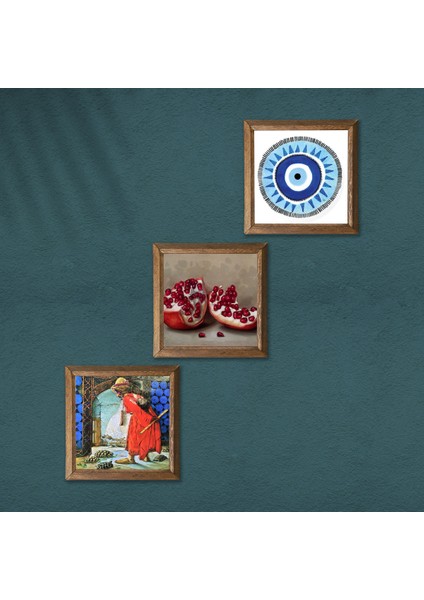 Nazar, Kaplumbağa Terbiyecisi, Nar Taş Duvar Tablosu Ahşap Çerçeveli Duvar Dekoru 3 Parça Tablo Seti Wall Art W3-1566 modelleri