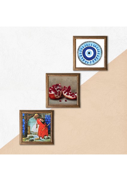 Nazar, Kaplumbağa Terbiyecisi, Nar Taş Duvar Tablosu Ahşap Çerçeveli Duvar Dekoru 3 Parça Tablo Seti Wall Art W3-1566 indirimleri