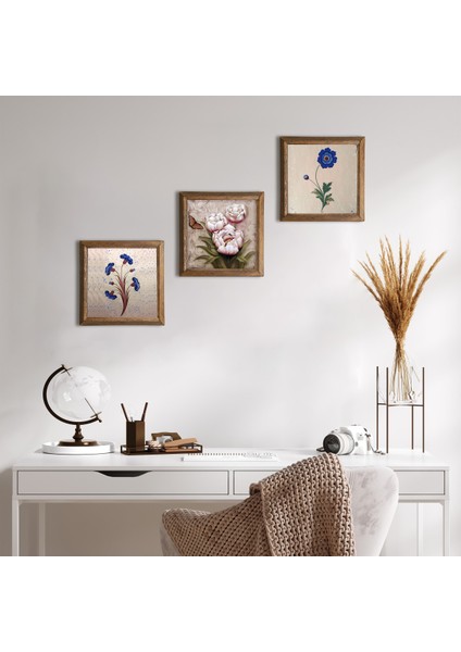 Ebru Sanatı, Kelebekli Çiçek Taş Duvar Tablosu Ahşap Çerçeveli Duvar Dekoru 3 Parça Tablo Seti Wall Art W3-198