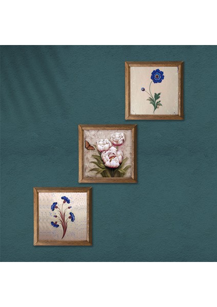Ebru Sanatı, Kelebekli Çiçek Taş Duvar Tablosu Ahşap Çerçeveli Duvar Dekoru 3 Parça Tablo Seti Wall Art W3-198