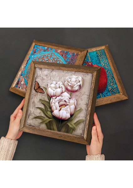 Ebru Sanatı, Kelebekli Çiçek Taş Duvar Tablosu Ahşap Çerçeveli Duvar Dekoru 3 Parça Tablo Seti Wall Art W3-198