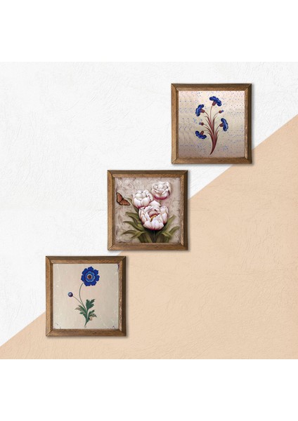 Ebru Sanatı, Kelebekli Çiçek Taş Duvar Tablosu Ahşap Çerçeveli Duvar Dekoru 3 Parça Tablo Seti Wall Art W3-198