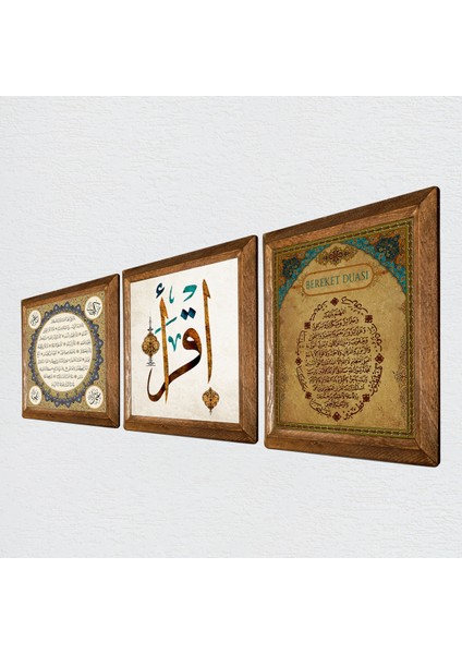 İlk Ayet 'Oku', Bereket Duası, Hilye-i Şerif Taş Duvar Tablosu Ahşap Çerçeveli Duvar Dekoru 3 Parça Tablo Seti Wall Art W3-210