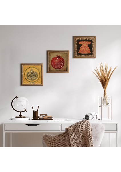 Ayet-el Kürsi, Hırka-i Şerif, Bereket Duası Taş Duvar Tablosu Ahşap Çerçeveli Duvar Dekoru 3 Parça Tablo Seti Wall Art W3-216