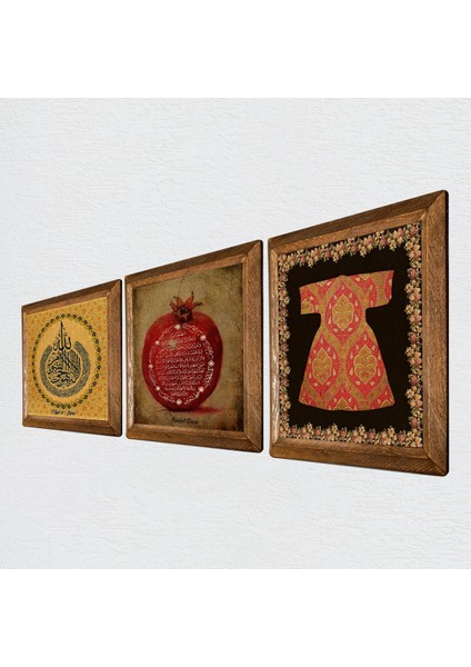 Ayet-el Kürsi, Hırka-i Şerif, Bereket Duası Taş Duvar Tablosu Ahşap Çerçeveli Duvar Dekoru 3 Parça Tablo Seti Wall Art W3-216