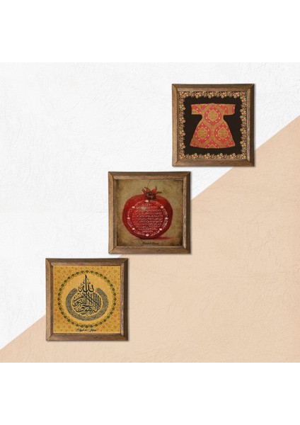 Ayet-el Kürsi, Hırka-i Şerif, Bereket Duası Taş Duvar Tablosu Ahşap Çerçeveli Duvar Dekoru 3 Parça Tablo Seti Wall Art W3-216