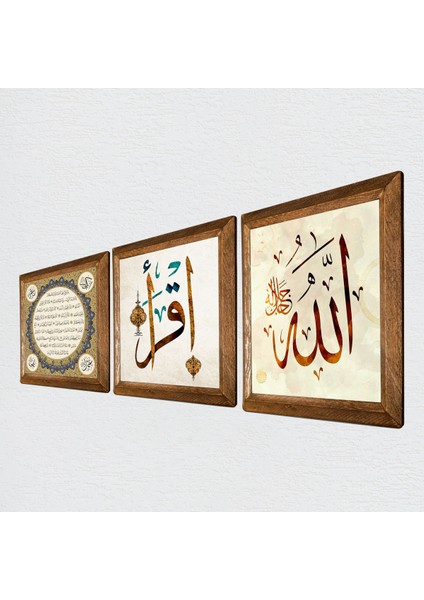 İlk Ayet 'Oku', Allah Lafzı, Hilye-i Şerif Taş Duvar Tablosu Ahşap Çerçeveli Duvar Dekoru 3 Parça Tablo Seti Wall Art W3-242