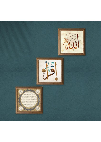 İlk Ayet 'Oku', Allah Lafzı, Hilye-i Şerif Taş Duvar Tablosu Ahşap Çerçeveli Duvar Dekoru 3 Parça Tablo Seti Wall Art W3-242