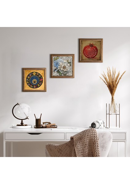 Nazar, Hayat Ağacı Taş Duvar Tablosu Ahşap Çerçeveli Duvar Dekoru 3 Parça Tablo Seti Wall Art W3-279
