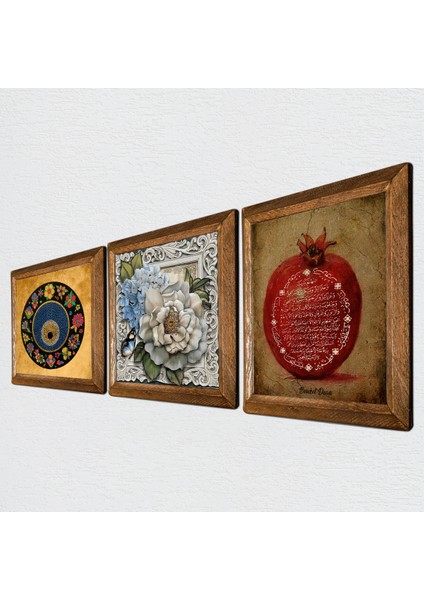 Nazar, Hayat Ağacı Taş Duvar Tablosu Ahşap Çerçeveli Duvar Dekoru 3 Parça Tablo Seti Wall Art W3-279 fiyatları