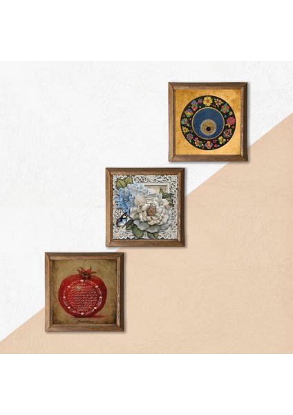 Nazar, Hayat Ağacı Taş Duvar Tablosu Ahşap Çerçeveli Duvar Dekoru 3 Parça Tablo Seti Wall Art W3-279 indirimleri