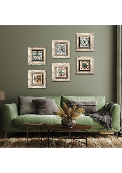 Fas Desenli Vintage, Çini Sanatı Taş Duvar Tablosu Çerçeveli Duvar Dekoru 6 Parça Tablo Seti Wall Art T6-76
