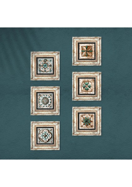 Fas Desenli Vintage, Çini Sanatı Taş Duvar Tablosu Çerçeveli Duvar Dekoru 6 Parça Tablo Seti Wall Art T6-76