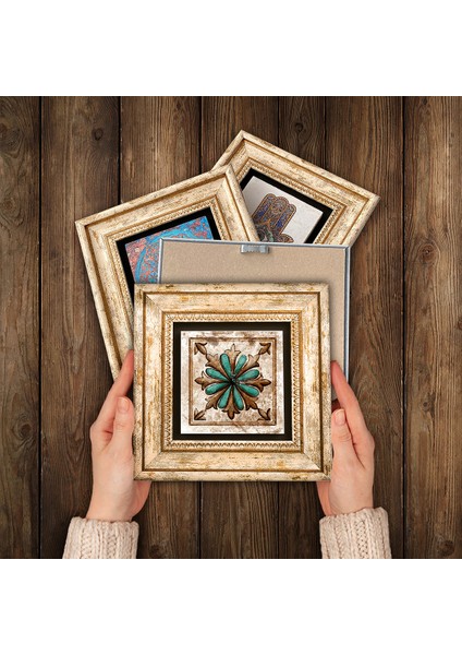 Fas Desenli Vintage, Çini Sanatı Taş Duvar Tablosu Çerçeveli Duvar Dekoru 6 Parça Tablo Seti Wall Art T6-76