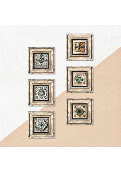 Fas Desenli Vintage, Çini Sanatı Taş Duvar Tablosu Çerçeveli Duvar Dekoru 6 Parça Tablo Seti Wall Art T6-76