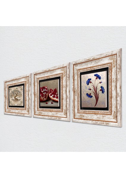 Ebru Sanatı, Hayat Ağacı, Nar Çerçeveli Taş Duvar Tablosu 3’lü Set - Dekoratif Modern Sanat, Ev ve Ofis Dekoru |TK3-944| fiyatları