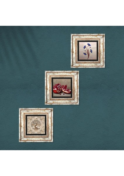 Ebru Sanatı, Hayat Ağacı, Nar Çerçeveli Taş Duvar Tablosu 3’lü Set - Dekoratif Modern Sanat, Ev ve Ofis Dekoru |TK3-944| fırsatları