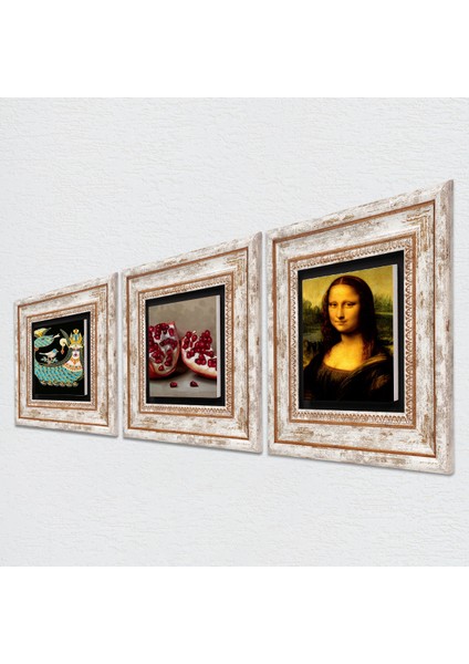 Leonardo da Vinci Mona Lisa, Şahmeran, Nar Taş Duvar Tablosu Çerçeveli Duvar Dekoru 3 Parça Tablo Seti Wall Art T3-960